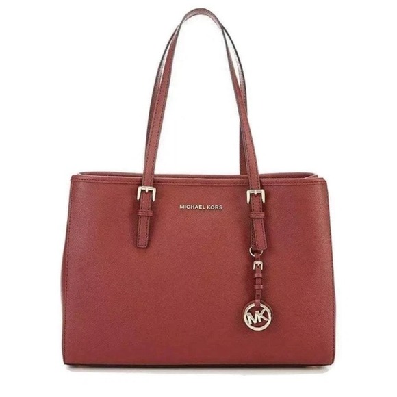 Michael Kors Handbags - Michael Kors Jet Set Travel Large Red Pebbled Leather East West Tote Bag